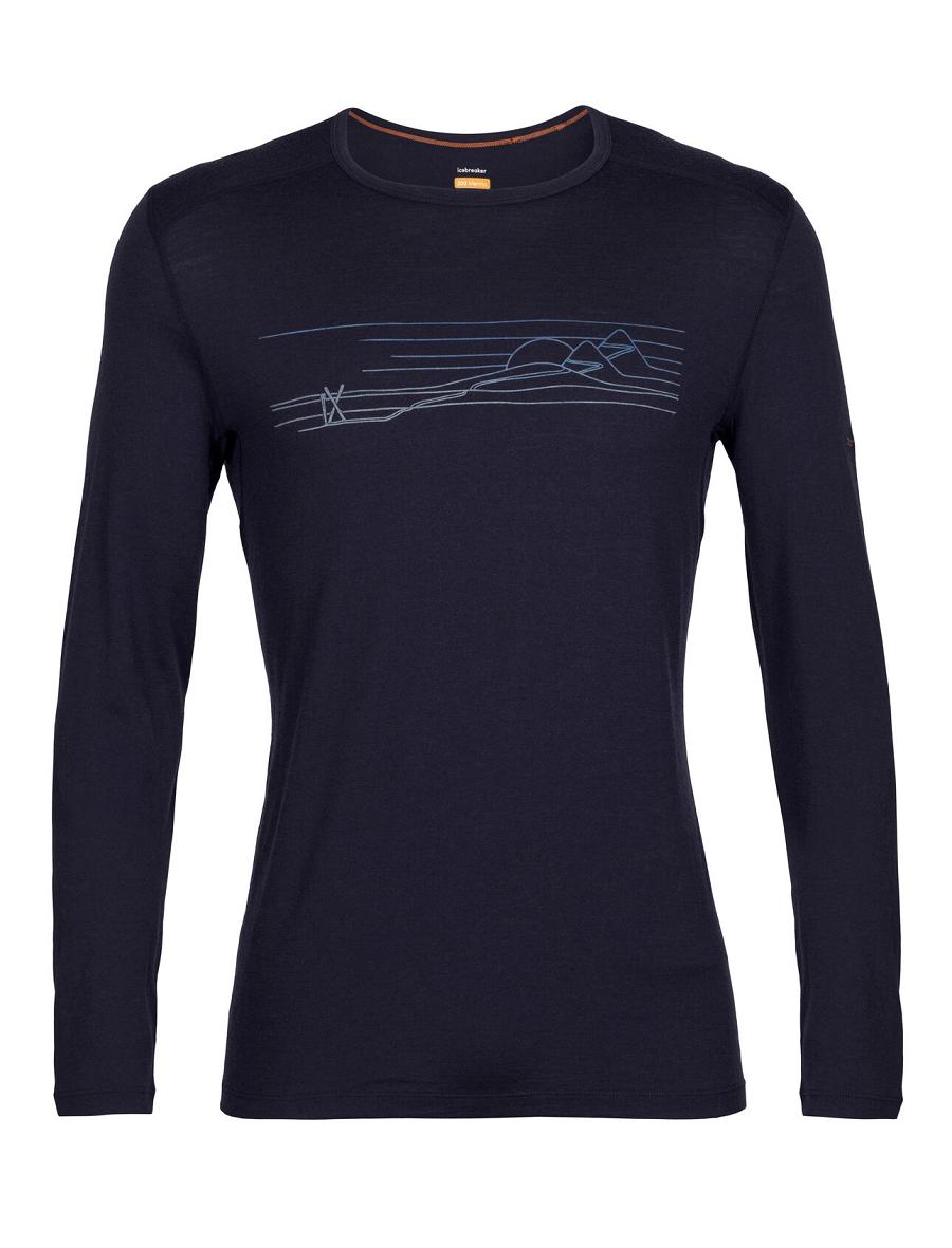 Men's Icebreaker Merino 200 Oasis Long Sleeve Crewe Ski Stripes Base Layers Midnight Navy | CA 1581XYUF